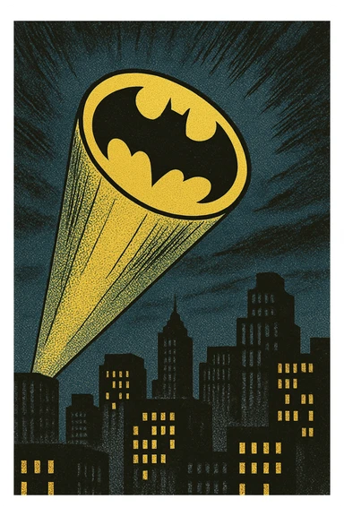 bat signal, comic book style, bold lines, city skyline sticker