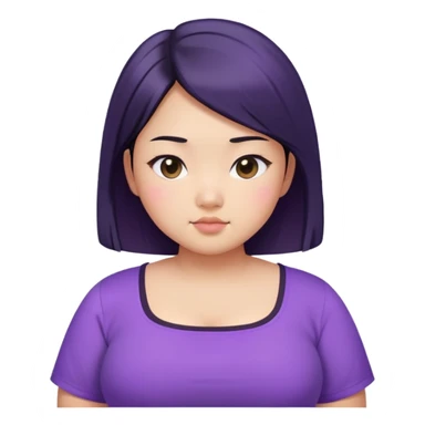 a girl that is asian, chubby, has black waist length hair, and cool tone skin with purple square neck shirt.   sticker