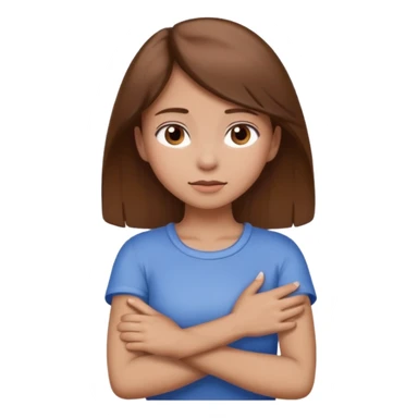 Girl with brown hair race white crossing her arms holding her neck sticker