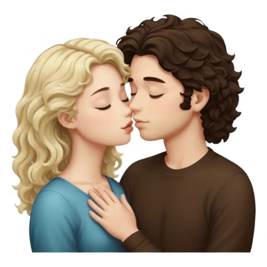 Tall White Italian boy with dark brown wavy fluffy hair and blonde wavy hair girl that's pale with wavy hair kissing with eyes closed  sticker