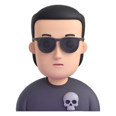 man with oval-shaped flat-top head wearing a black shirt with a gray skull on the front sticker