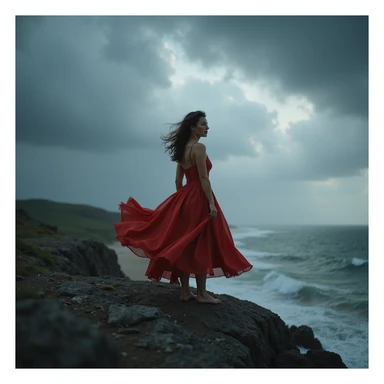 photorealistic image of a woman in a vibrant red dress standing boldly on a rocky cliff edge under a stormy sky, dress flowing dramatically in the wind, high contrast lighting, epic cinematic mood sticker