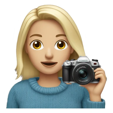 Short blonde in blue sweater holding camera sticker