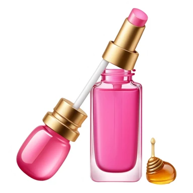 Gisou lip oil in pink color, small transparent bottle with gold cap, pink-tinted lip gloss, honey-infused beauty product sticker