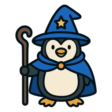 color outline icon of a penguin wizard with staff and hat sticker