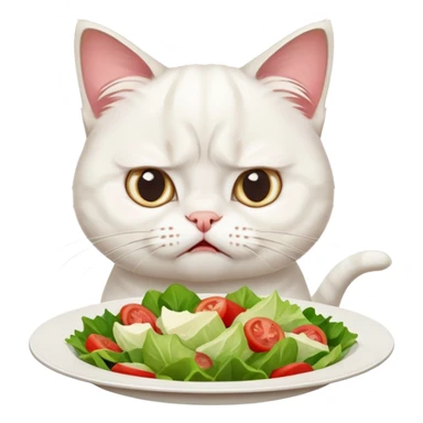 grumpy white cat sitting at a table, looking confused with its ears slightly back. In front of the cat is a plate with a salad with mouth a little open, and Disagree in the cat's face sticker