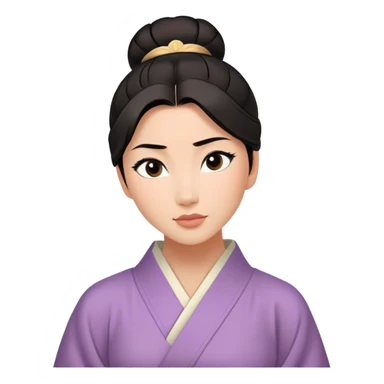 Cinematic Serene Mulan Portrait Emoji, rendered in a simplified vector style. Depict a gentle Mulan (chest and above) with warm, radiant skin, sleek dark hair pulled back in a neat bun, and a calm, thoughtful expression, wearing a simple traditional robe in muted hues. The design glows softly with an elegant, inviting light. sticker