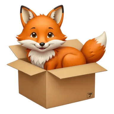 happy fox curled up in a box, glancing upward, emoji style sticker