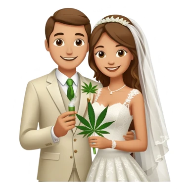 Newlywed couple, bride and groom, full body, sharing a cannabis joint at wedding sticker