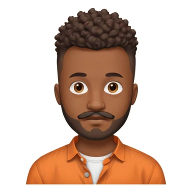 
"Brown adult man (around 24), curly mohawk with shaved sides, beard and mustache. Wearing an orange collarless round-neck button-up shirt. No teenage or old features."

 sticker