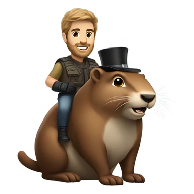 Confident armored White Man with dark brown hair and a short beard riding on the back of a giant groundhog wearing a birthday hat sticker