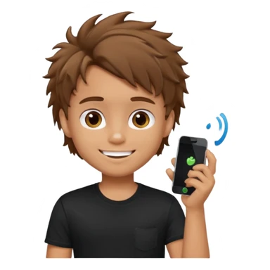 generate a pretty tan bratz boy with brown messy hair smiling while talking on call. Wearing a black tshirt sticker