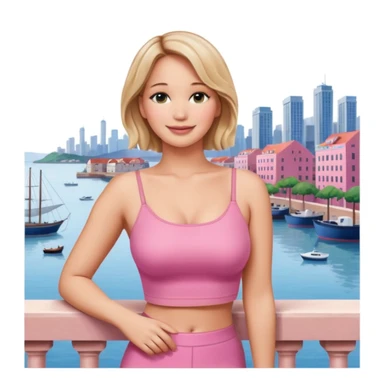 jennifer lawrence, pink crop top leaning on a balcony with a harbor and cityscape in the background, smiling sticker