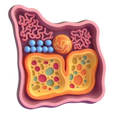 3D cross-sectional view of a cell membrane with adjacent organelles, detailed phospholipid bilayer, integral and peripheral proteins, cholesterol, glycoproteins, visible Golgi apparatus and lysosomes, scientific illustration style sticker