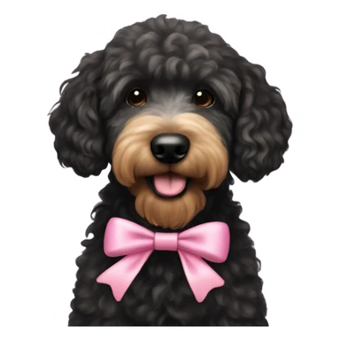 A black golden doodle with a coquette bow sticker