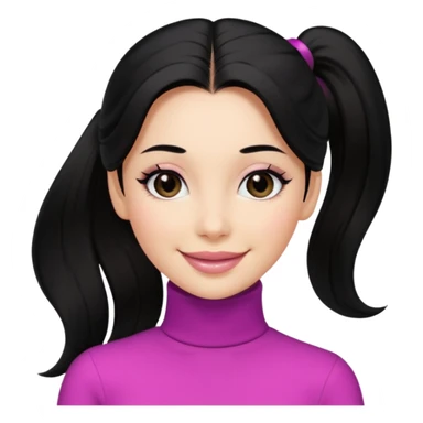 a woman with long sleeve turtle neck top and smile, her hair is long black pony tail, her eyes color are black and the color of her lip is soft pink sticker