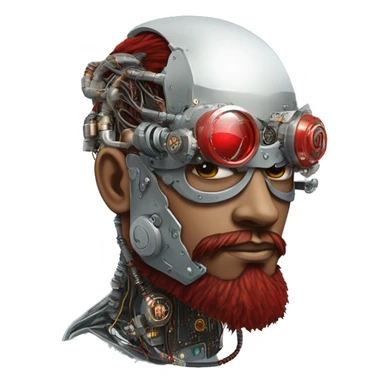 cyborg head with Silver mohawk, red steampunk goggles, long red beard and circuits sticker
