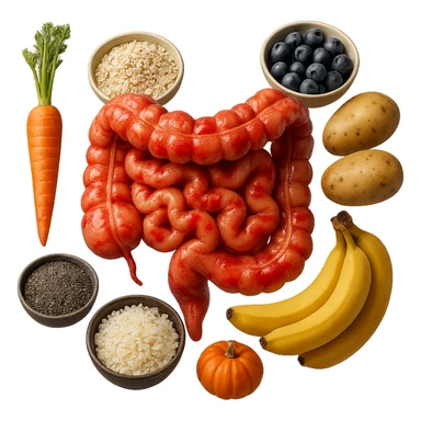 intestino umano anatomico infiammato con carota, bowl di avena, mirtilli, bowl di semi di chia, patate, banane, zucca, bowl di riso che gli fluttuano dietro, iperrealistico 4k sticker