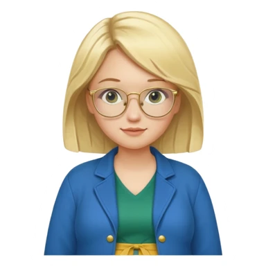 pregnant blonde 18-year old with golden glasses in a bright blue dress and a dark green jacket on top of the blue dress standing sassily sticker