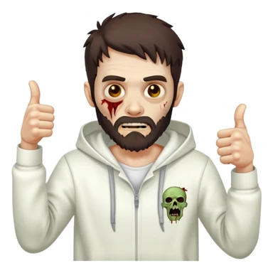 zombie with thumbs up gesture wearing white hoodie, with dark brown hair and short full beard sticker