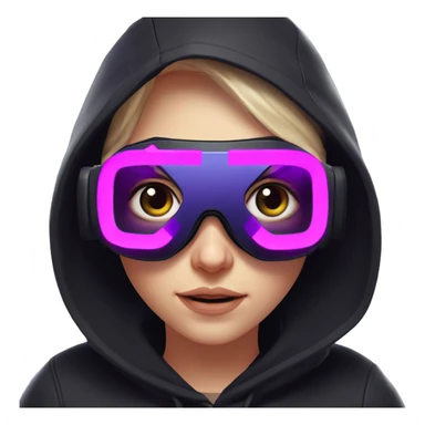 Russian girl wearing black hoody with violet letters "OMG", in vr headset oculus quest2. No eyes on headset. Cyberpunk style. Violet neon. sticker