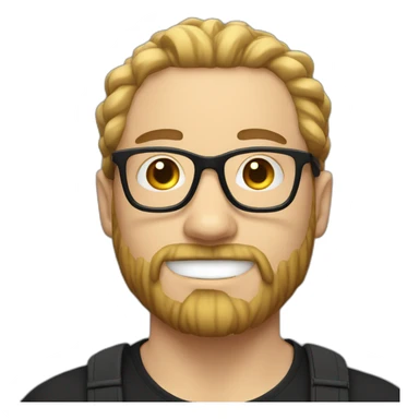 White Man with clear glasses and a black tshirt and a man bun and beard sticker