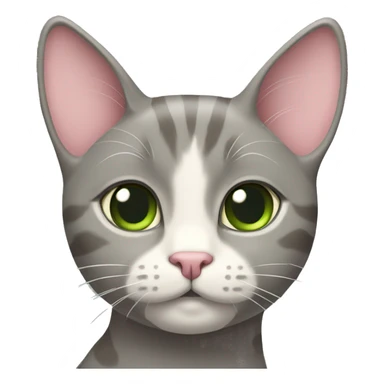 grey and tan cat with cream pattern on her forehead. Green eyes and a pink nose sticker