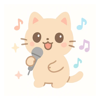 a cat singing into a microphone, musical notes around, cute style sticker