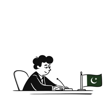 Pakistani diplomat at international conference with Pakistan flag on table sticker