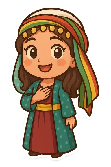 cartoon sticker of a Kurdish woman in traditional female clothing, hand on chest (salute) pose, open smile, colorful and cheerful, no text, suitable for WhatsApp and Instagram sticker