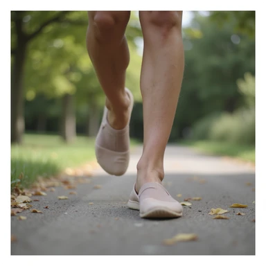realistic 4K woman walking outdoors with insole, first steps confident and smiling, then slowing and stopping visibly disappointed by return of pain sticker