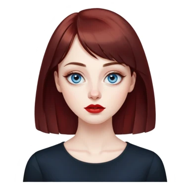 Artistic young woman with pale skin, oval face, large expressive blue eyes with eyeliner, thin arched eyebrows, small nose, full lips with red lipstick, dark auburn hair that's straight with slight waves at ends, straight bangs, wearing a black top, warm creative expression sticker