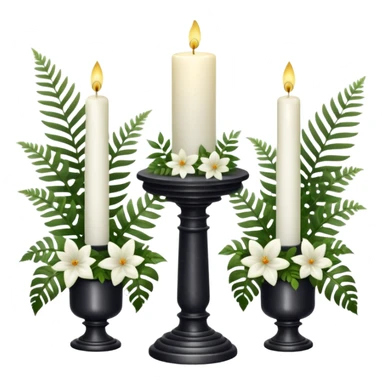 Aesthetic scenic beautiful gorgeous pretty elegant sparkly shiny scene of Candles white and with flowers and marble pedestals and lush vines and ferns sticker