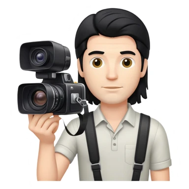 a white man with black mullet hair holding a foto camera sticker