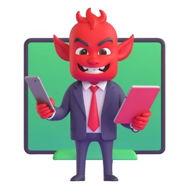 red devil in business suit with tablet selling digital courses sticker