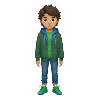 a 14 year old slightly tanned teenage boy with dark brown tousled wavy hair, wearing a green tshirt, with a dark green hoodie overcoat with blue jeans and green shoes sticker