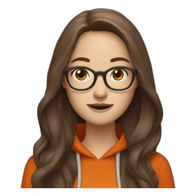 pale woman with glasses with long brown hair waving wearing a dark orange hoodie sticker