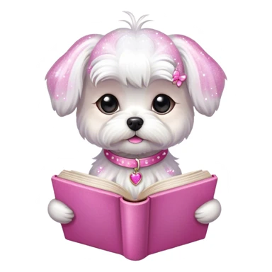 small maltese with a book and pink sparkles sticker