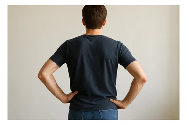 Rakurs orqadan oldiga qarab turgan inson qo'lini beliga qo'yib turgan sticker