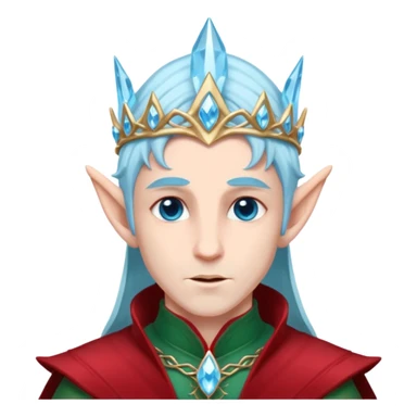 Fantasy elf portrait emoji, icy blue crystal crown with deep red accents, elegant elven features, cold noble winter expression, ice and crimson color palette, minimal clean design, flat readable emoji style, male variant sticker
