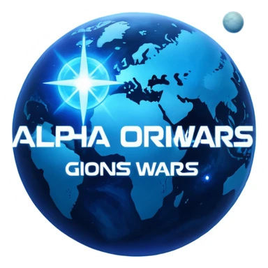 The image is a sci-fi poster with glowing blue text that reads “ALPHA ORIONIS WARS.” A bright blue planet or star glows at the bottom, and the word “STARBLAST” appears below. The design has a futuristic, space-themed look. sticker