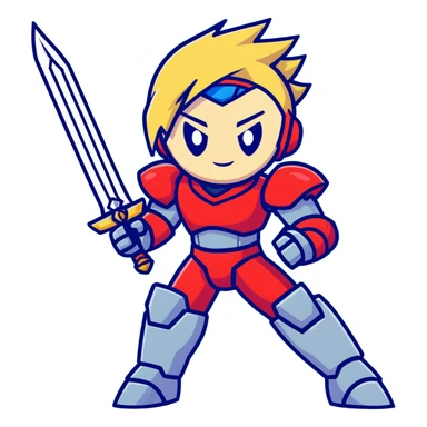 Megaman Zero robot with red armor, blonde hair, and Z-saber sword sticker