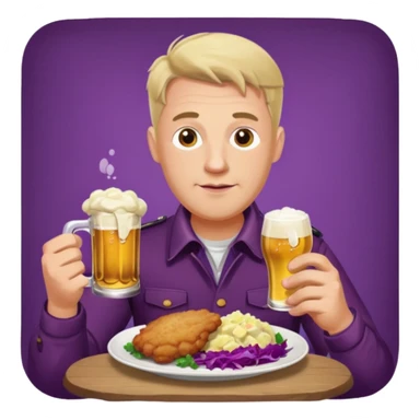 German man eating schnitzel, potato salad, red cabbage, sauerkraut, and beer sticker