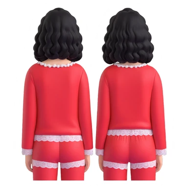 Girl from behind, wearing a red pajama with black and white lace, with curly black hair sticker