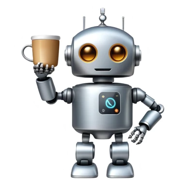 A cute robot holding a steaming coffee mug sticker