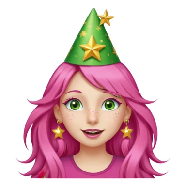 A girl with long pink hair and green eyes with long eyelashes and a happy face. She has freckles and a lit of bit of pink lipstick on her mouth, she’s also got a full gold birthday party hat on her head with gold pom poms on top of it, and her T-shirt is all red, she wore gold star earrings  sticker