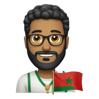 Black hair and beard white man with glasses holding Moroccan flag sticker