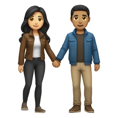 a couple holding hands. the guy has black middle part hair and is Persian and Filipino mix, wearing a jacket. the girl has brown hair white and asian mix, wearing a crop top. sticker