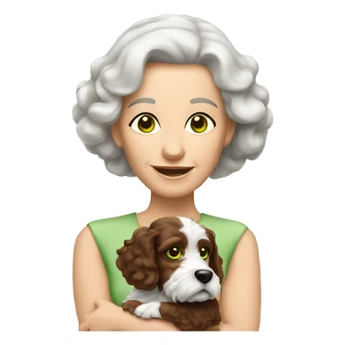 Green eyed old brunette lady with brown and white Cockapoo puppy dog sticker