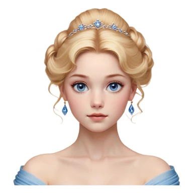 Cinematic Realistic Cinderella Portrait, depicted with lifelike skin texture, subtle rosy undertones, and soft natural lighting that enhances the gentle contours of her face. Her intricately detailed golden blonde hair is elegantly styled in an updo, with delicate wisps framing her face for added realism. Her deep, expressive blue eyes radiate warmth and sincerity, reflecting a quiet resilience and grace. She is dressed in her iconic ball gown, the fabric shimmering with intricate embroidery and fine translucent layers that catch the light beautifully. The soft sheen of satin gloves and the delicate sparkle of a glass-like slipper peeking from beneath her dress add a touch of magical realism. The portrait features an enchanting glow with a natural, luminous finish, seamlessly blending realism and fairytale charm to evoke a sense of depth, elegance, and timeless beauty. sticker